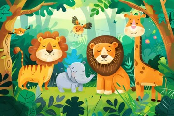 African animals in the jungle. Cute cartoon animals. Set of animals.