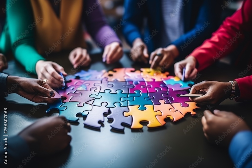 Poster business team meeting unity and cooperation with jigsaw puzzle concept for teamwork