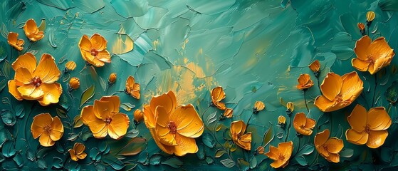 Oil on canvas. Abstract artistic background. Golden brushstrokes. Textured background. Modern Art. Flowers, plants, wallpapers, posters, cards, murals, rugs, hangings, prints, wall art.