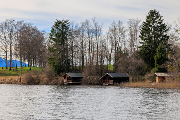 Boathouses in the reeds near Uffing on the shores of Staffelsee in Bavaria
