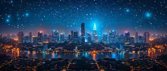 Bangkok city at night with a wireless network and connection technology concept, panorama view