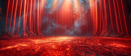 An empty stage engulfed in 3D Crimson arrives illuminated with spotlights and backed by a red curtain