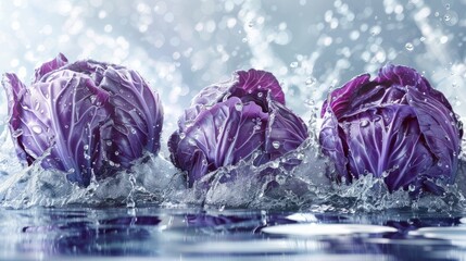 To convey this realistic photograph Three pieces of purple cabbage floated in the air amidst splashing water. Beneath the surface, the water remains transparent in all directions. Without any green - obrazy, fototapety, plakaty