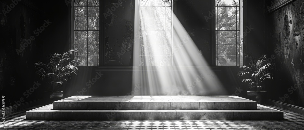 Poster white spotlight showcase on empty stage with tiled flooring - 3d luminous minimalism