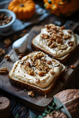 A delicious dish of two slices of toast topped with hummus and walnuts served on a rustic wooden cutting board, perfect as a finger food or snack