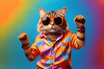 a cool cat dancing in sunglasses and colorful shirt on a orange background Generative AI
