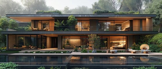 The view of a luxury modern house with a swimming pool in the daytime on a green lake background....