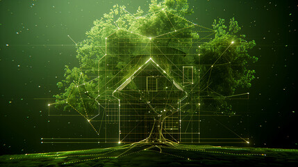 smart home technologies. Concept image. Green background. Glowing outline of the house. Voltage lines