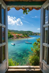 Through windows  a island with crystal-clear waters, lush greenery, and a serene atmosphere 🏝️ Escape into nature's tranquil paradise, ideal for travel brochures and relaxation-themed