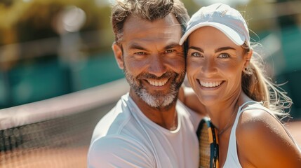 Pictures of a doubles tennis match Happy couple and woman playing tennis in summer - obrazy, fototapety, plakaty