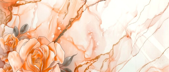 abstract painting made in the style of alcohol ink with the image of peonies on a marble background
