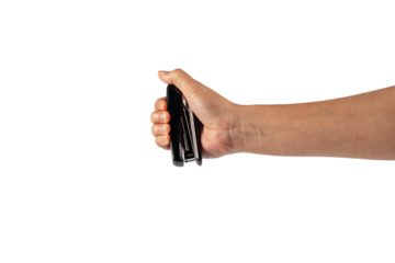 Black stapler in hand isolated on transparent background