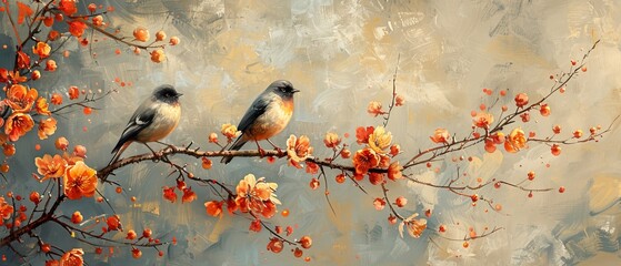 A vintage illustration with flowers, branches, birds and golden brushstrokes. Textured background. Oil on canvas. Modern Art. Grey, wallpaper, poster, card, mural, print, wall art. - obrazy, fototapety, plakaty
