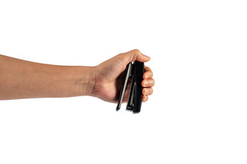 Black stapler in hand isolated on transparent background - obrazy, fototapety, plakaty