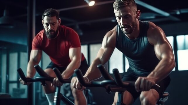 Portrait of a man on an exercise bike in the gym, a man with a beard and glasses on an exercise bike.