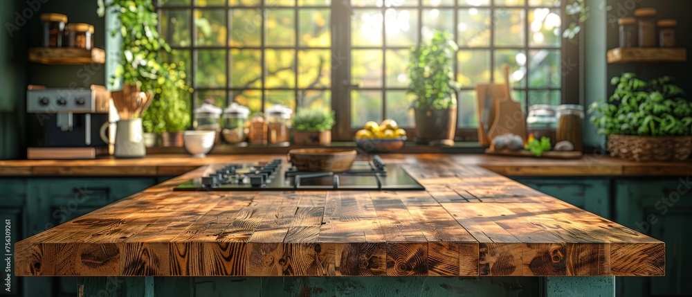 Wall mural The interior of a green kitchen with an island. The interior of a stylish kitchen with wooden worktops. A cozy olive kitchen with kitchen utensils and appliances. Close-up of a kitchen worktop. Three