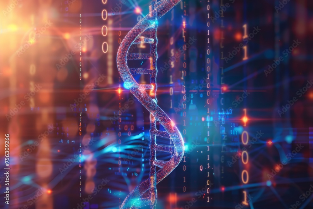 Poster DNA molecules with binary code, 3d render, dark background