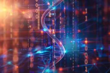 DNA molecules with binary code, 3d render, dark background - obrazy, fototapety, plakaty