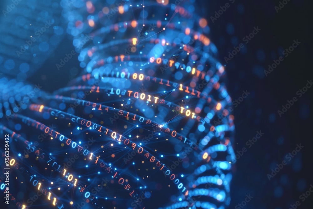 Poster dna molecules with binary code, 3d render, dark background