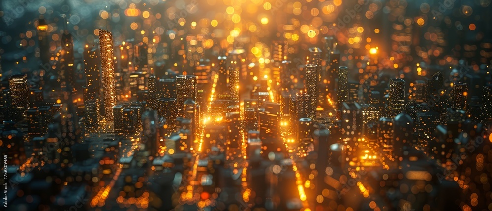 Poster An abstract image of a modern city and a wireless sensor network, a sensor node and connecting line, information communication technology, the internet of things, and the abstract image of a modern