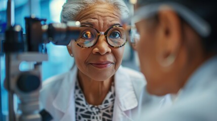 Senior woman having eyesight test and trying on new glasses