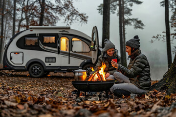 Two women with matching beanies share a warm drink and chat by a campfire near a caravan