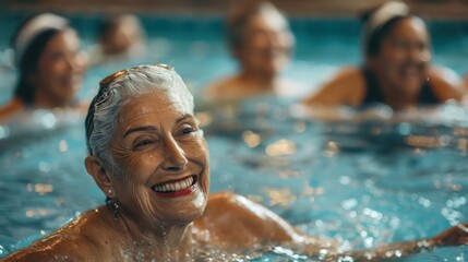 Group of elderly women exercising in water