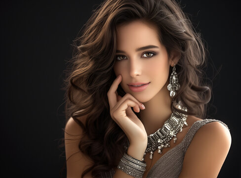 A beautiful woman with dark hair, wearing an elegant necklace and bracelet, poses for the camera while gently touching her face