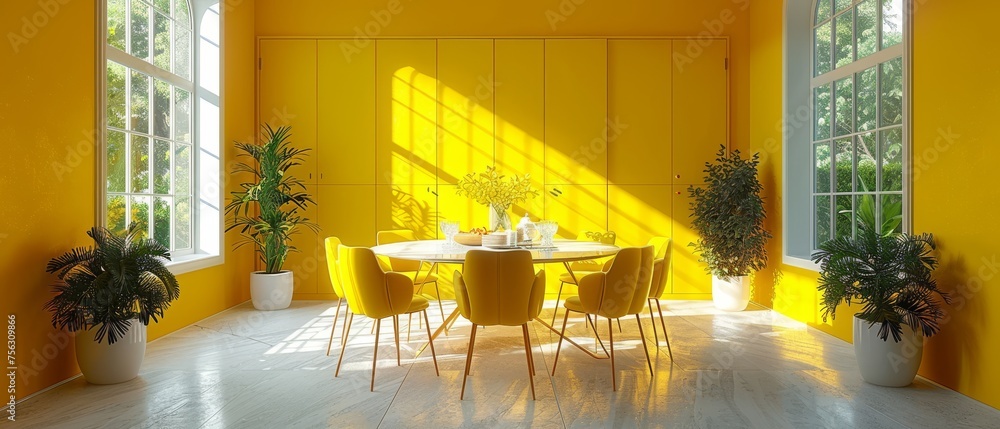Aufkleber Design with emphasis. 3D rendering of a minimalist kitchen with a round dining table and yellow chairs.