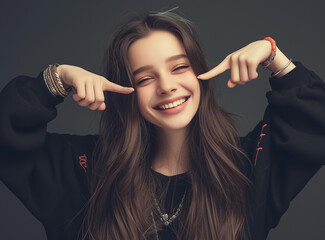 young dark haired girl with silver and brown jewelry poses in front of the camera smiling and pointing with her fingers - obrazy, fototapety, plakaty