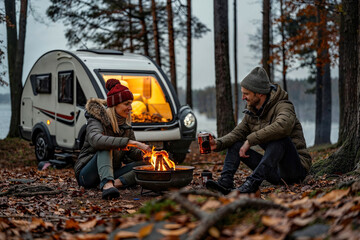 In a serene forest setting, a couple relaxes by a campfire near their caravan, toasting marshmallows and sipping drinks