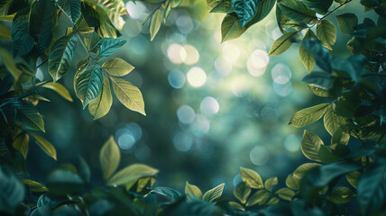 Green leaves framing a stylish natural bokeh background