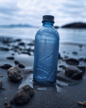 A blue plastic bottle is left on the beach, surrounded by rocks and water.