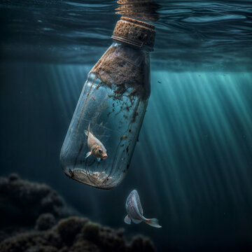 A fish swimming next to a dirty plastic bottle floating in water with a fish locked up inside.
