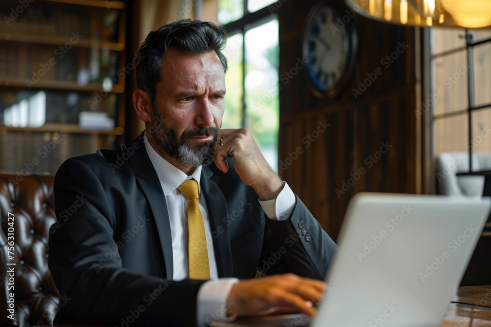 Wall mural Man in Suit Thinking Deep Thoughts While Using Laptop Generative AI