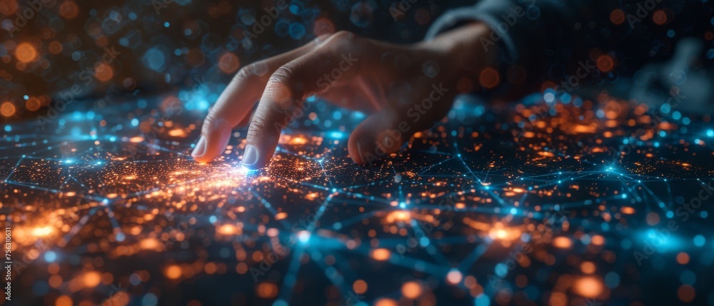 Poster 3D rendering of global network and data exchanges by a businessman over the world