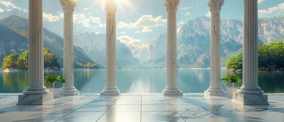 With its Grecian style pillars and lake background, this 3D podium is elegant and marvelous - obrazy, fototapety, plakaty