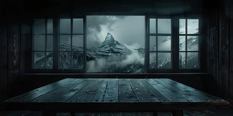 Foto op Canvas Foggy Mountain Views from a Modern Window Generative AI © Bipul Kumar