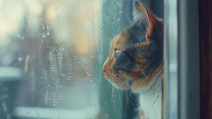 a Calico cat with diluted coloration cat looking out of the window, in the style of experimental filmmaking - obrazy, fototapety, plakaty