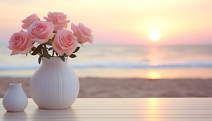 a mockup scene photo with a vase of pink roses set up on a white wooden table with a beach blurred in the background