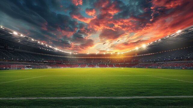 Sunny football field at sunset
