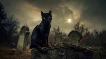 Black Cat in a Graveyard on Halloween Night Generative AI