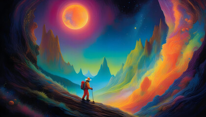 Fototapeta premium An acrylic painting of a glowing moon miner walking on the surface of the moon. The moon and stars are depicted in vibrant and otherworldly colors.
