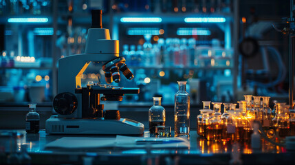 Laboratory research and development, background of laboratory instruments, microscope and laboratory glassware, no people.
