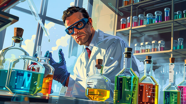 Animated Chemist with Vibrant Elixirs