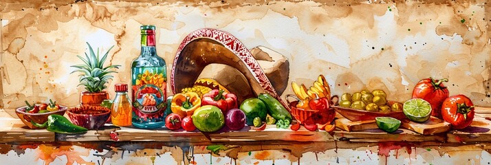 Fresh Fruit and Veggie Painted Artwork with a Southwestern Flavor Generative AI