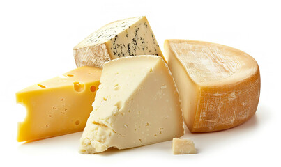 Delicious creamy hard and semi-hard cheeses close-up on a white background