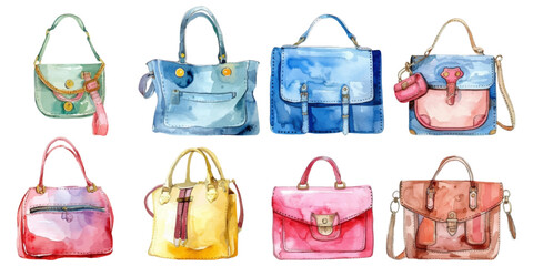 Set of watercolor women's fashion bags on white background.