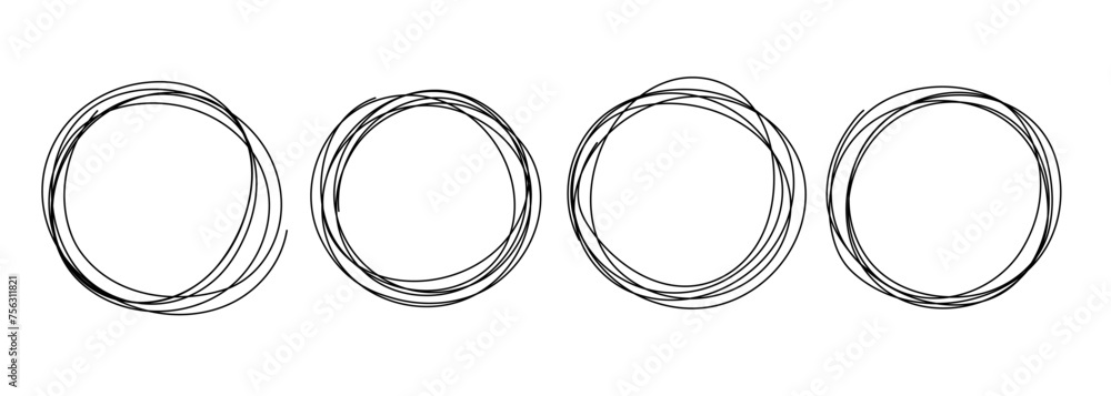 Poster circle frame set. line art. round frames. continuous black line. hand drawn sketch outlines. vector 