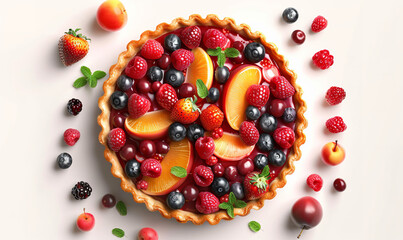 fruit and berry pie top view made from delicious beautiful juicy fruits and berries